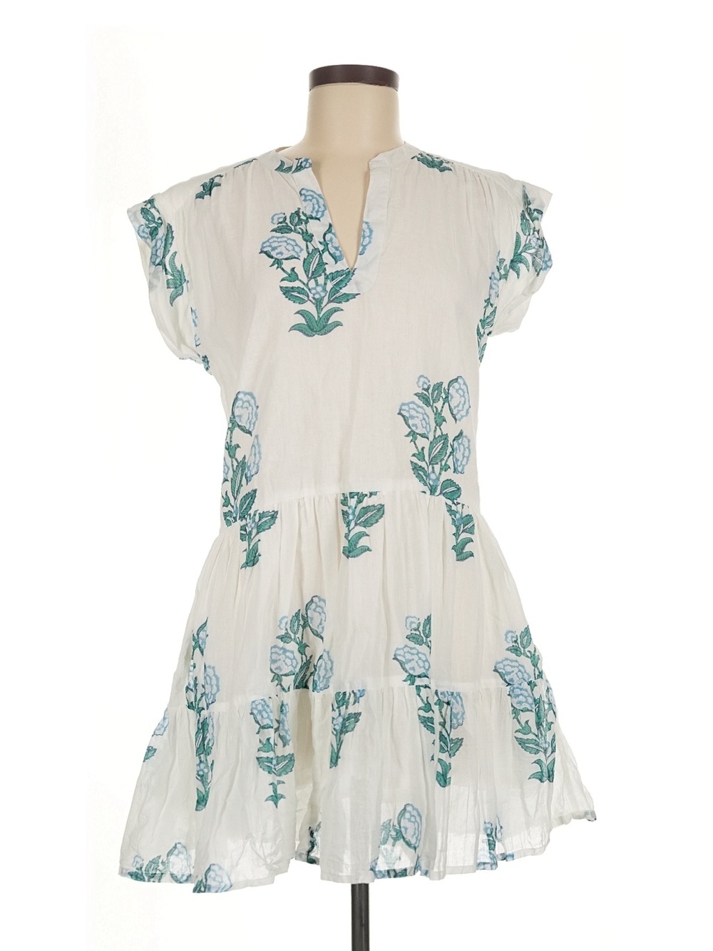 Oliphant White Blue Block Print Floral Cap Sleeve Drop Waist Mini Dress M